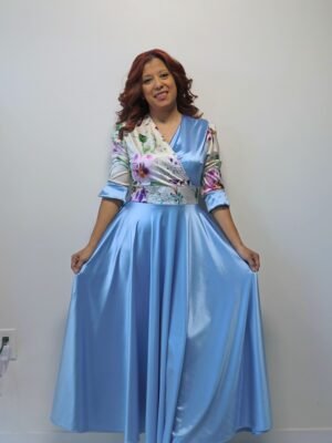Vestido Celeste Floral Satinado